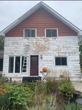 House siding before — peeling white paint